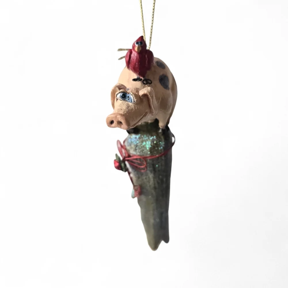 Whimsical Pig on Corn Ornament with Cardinal Folk Art Christmas Tree Decor